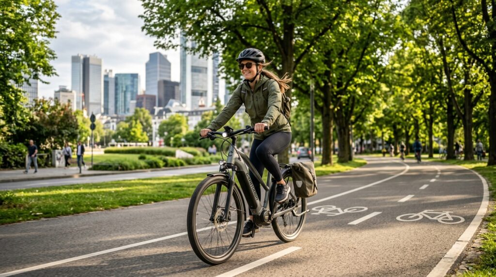 A person riding a sleek, modern e-bike on a sunlit city bike path, trees in the background