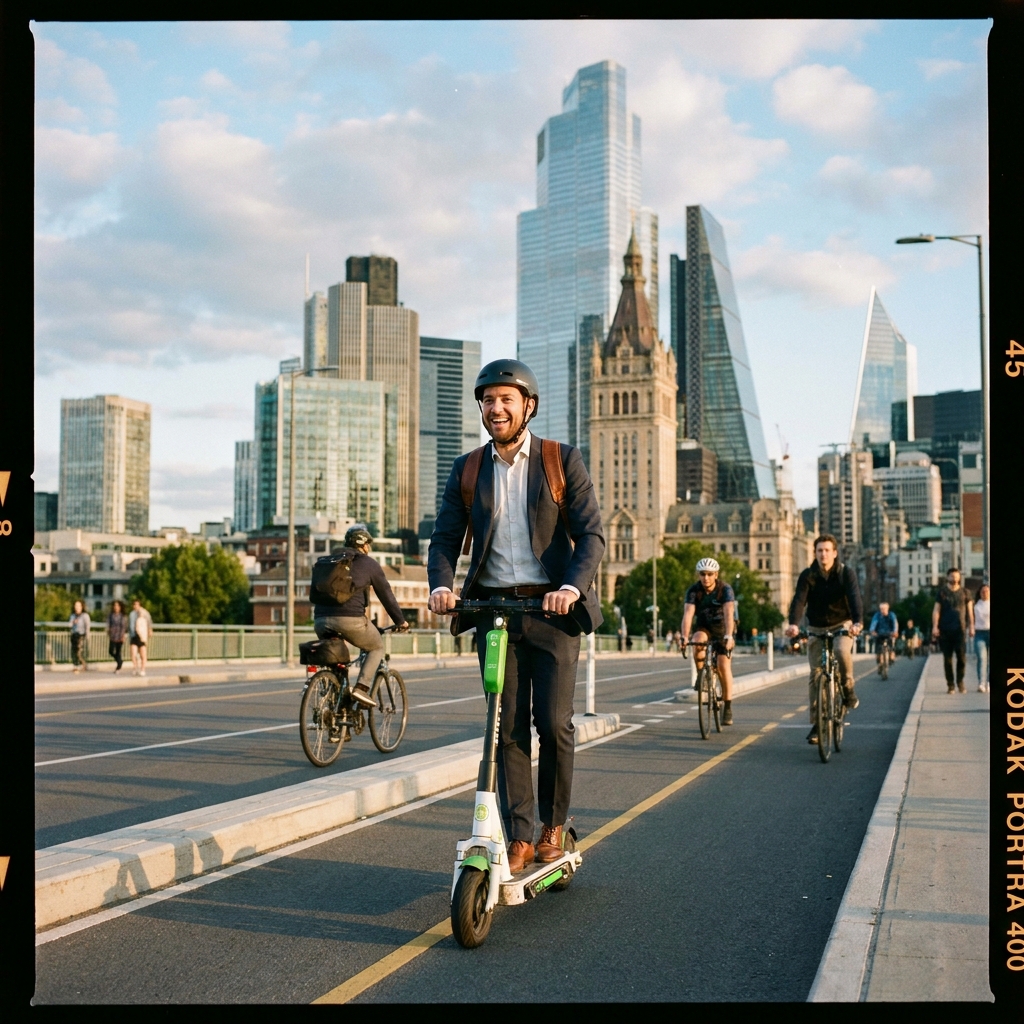 A professional wearing a backpack, happily riding an electric scooter on a dedicated urban bike lane