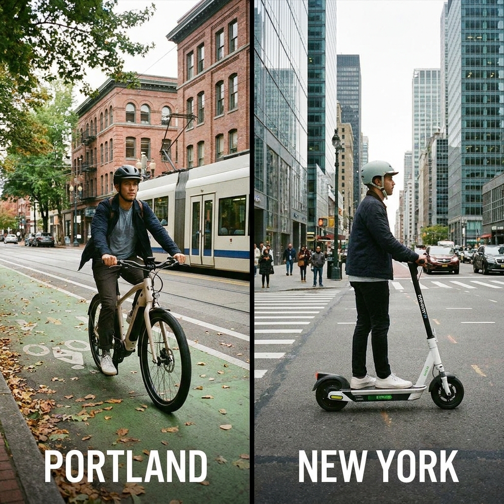 A side-by-side split image showing a person riding an e-bike on the left and another person riding an electric scooter on…