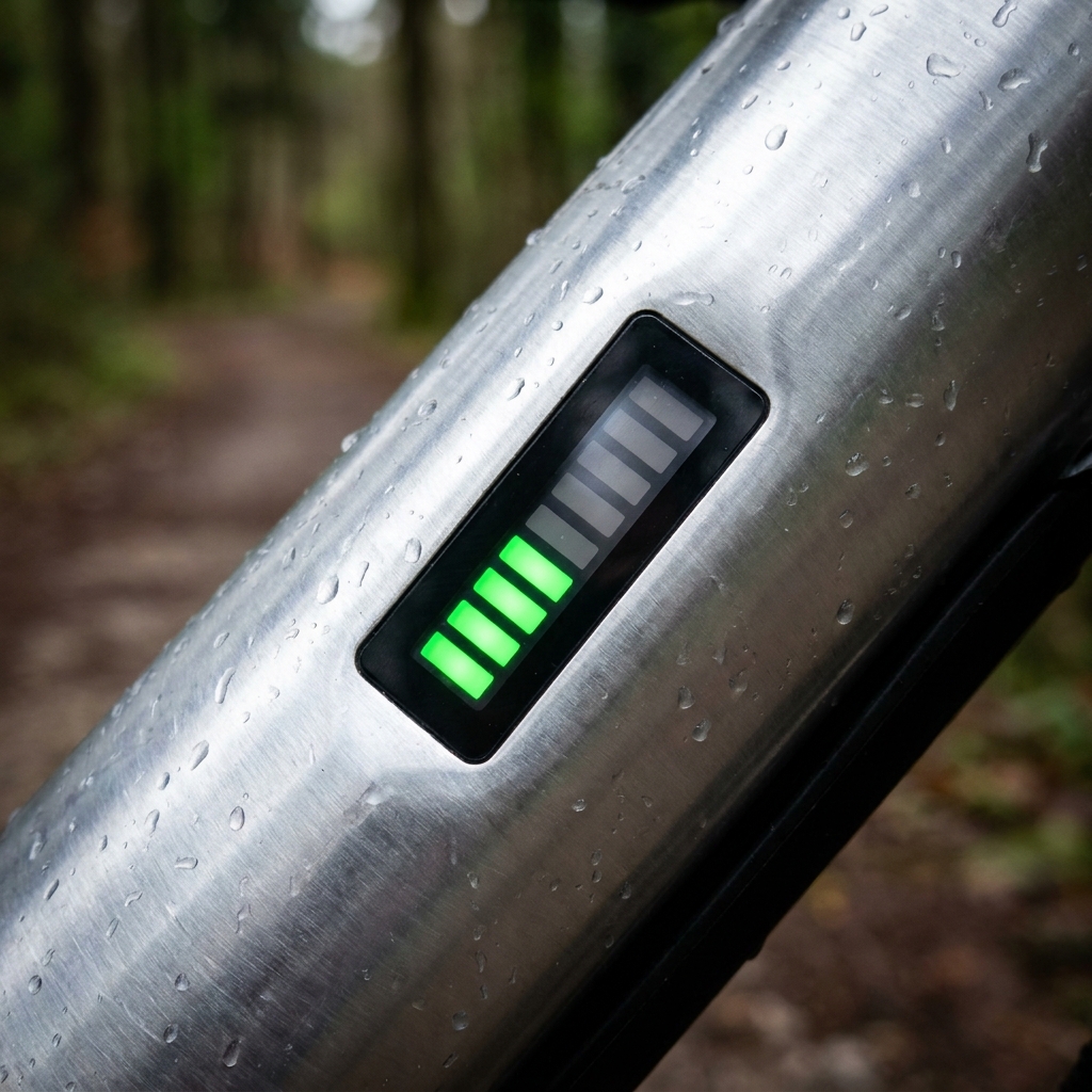 A close-up of a digital e-bike battery indicator showing 80% charge level