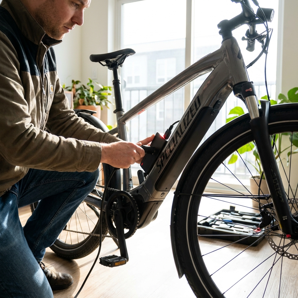 A person carefully plugging a charger into the battery of a modern e-bike, indoors