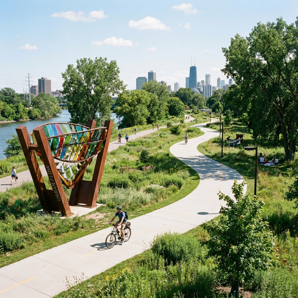 A wide shot of a smooth, separated greenway trail winding through a city park,