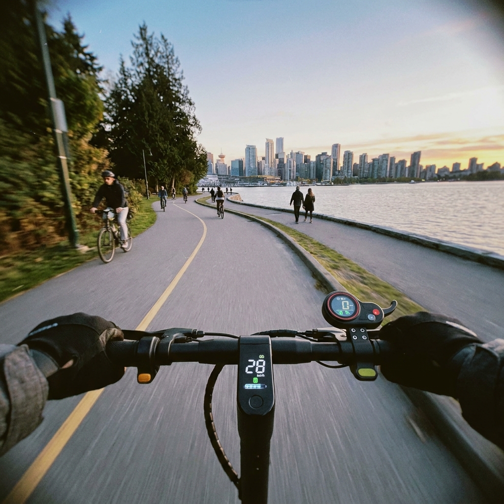 A point-of-view shot from the handlebars of an electric scooter riding along a scenic waterfront paved trail